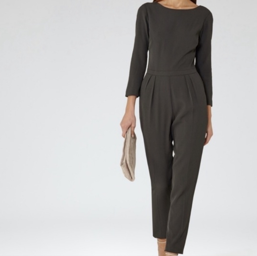 Reiss Amelia Low Back Olive Long-Sleeve Tailored Jumpsuit